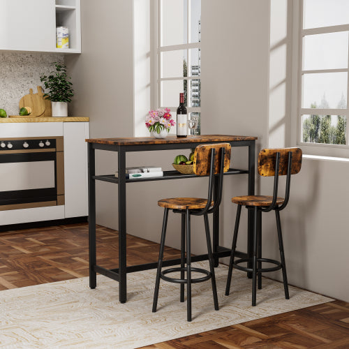 3-Piece Rustic Brown Bar Set, Table with Partition & 2 Backrest Stools
