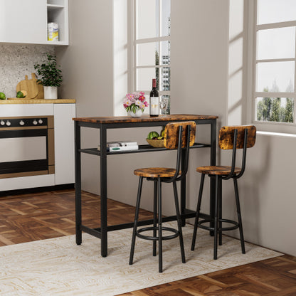 3-Piece Rustic Brown Bar Set, Table with Partition & 2 Backrest Stools