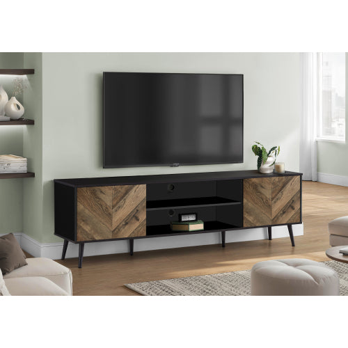 72 Inch Brown Black Grooved TV Stand with Black Wood Legs & Dual Cable Holes