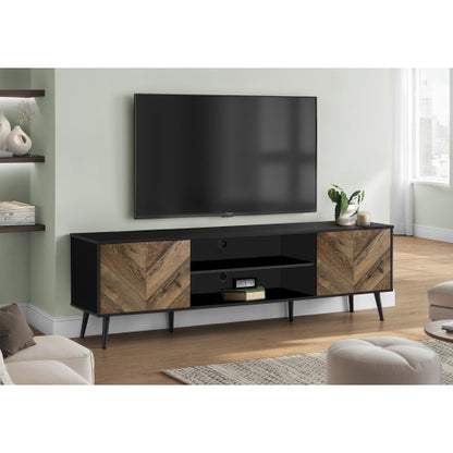 72 Inch Brown Black Grooved TV Stand with Black Wood Legs & Dual Cable Holes