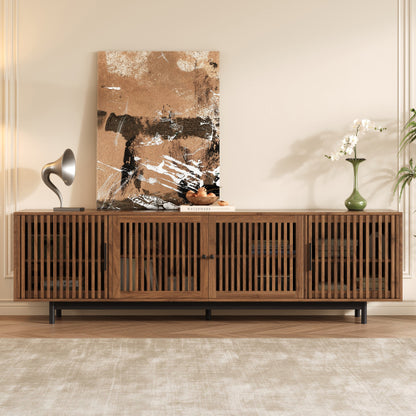 78.7 inch Walnut Slatted Door TV Stand Solid Rubber Wood Leg Media Console Holds 85 inch TV