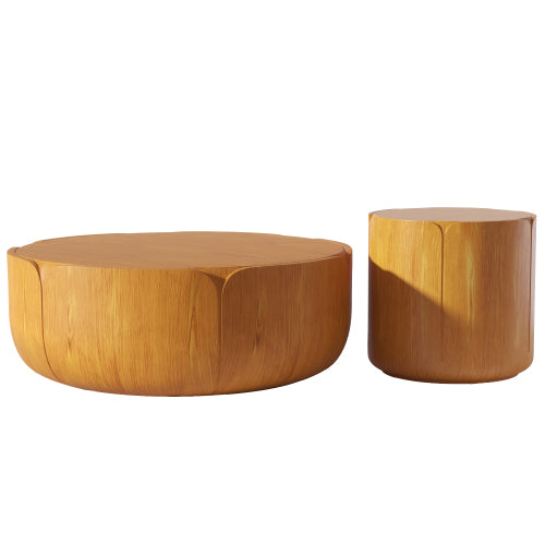 Round Outdoor Indoor Coffee Table Set, Modern Wood Grain Drum Center Table Set, Sturdy MGO (Magnesium Oxide) Waterproof, No-Assembly Table for Patio, Garden, Backyard, Living Room,Wood Color(Set of 2)