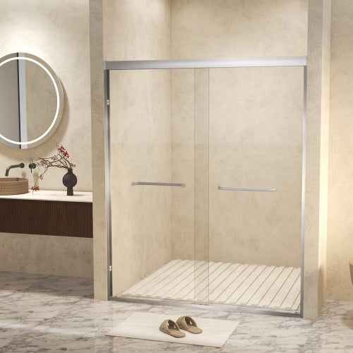 50-54 " x 72" Tempered Glass with Explosion Proof Film, Aluminum Frame Double Sliding Shower Door, "1/4 (6 mm), Stainless Steel handle,Brushed Nickel