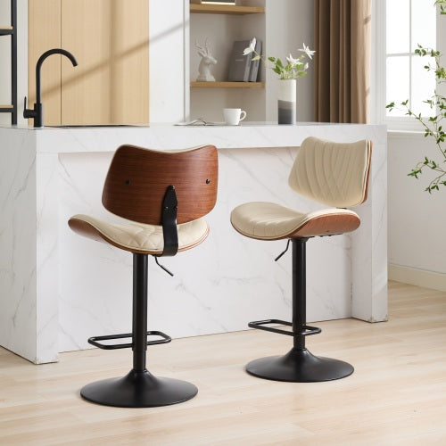 Walnut Bentwood Bar Stools Mid Century Modern Adjustable Counter Height Black Leather Upholstered 360¡ãSwivel Bar Chairs for Kitchen Island/Dining Room/Cafe,Beige,Set of 2