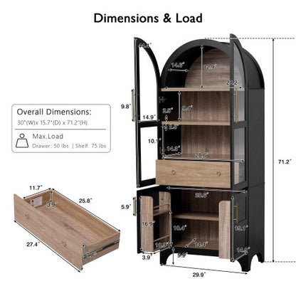 71inch  Arched Farmhouse Pantry Cabinet with Glass Doors Black