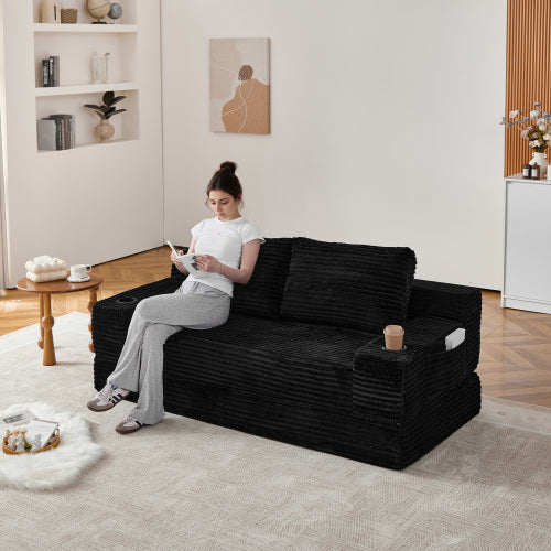 70.8-inch corduroy two-in-one sofa bed, featuring a lounge chair with two throw pillows, built-in cup holders in the armrests, and side storage pockets-ideal for living rooms, bedrooms, and relaxation