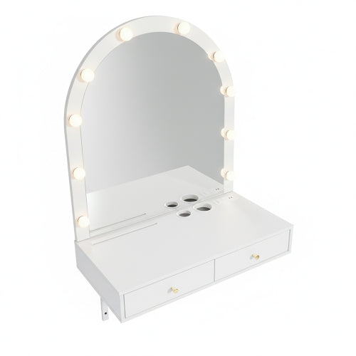 White Floating Wall Mounted Vanity Desk with LED Mirror, 3 Color Lights, Power Outlet & USB, Large Storage