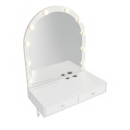 White Floating Wall Mounted Vanity Desk with LED Mirror, 3 Color Lights, Power Outlet & USB, Large Storage