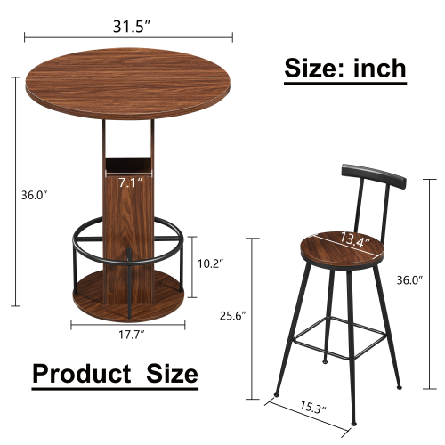 3-Piece Bar Table and Stool Set 31.5-inch round bar table with two stools Compact wooden dining bar with metal ring footrest Ideal for restaurants, cafes, bars, living rooms, and small spaces,Walnut