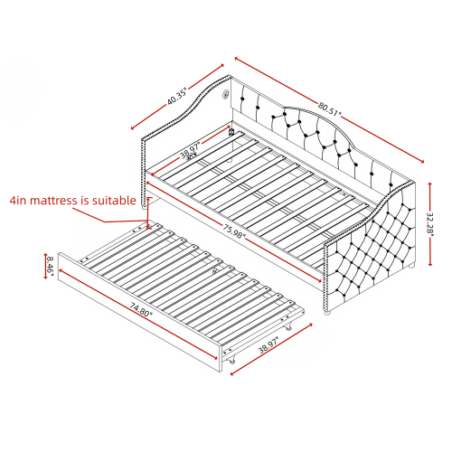 Twin Size Upholstered Daybed with Trundle and USB Charging Design, Sturdy Wood Slat Support, Wood Bed Frame for Bedroom/Guestroom/Dorm,Plush Velvet Fabric,Gray
