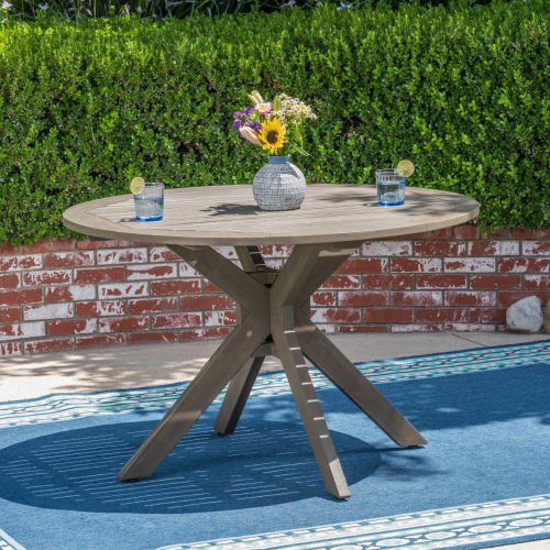 Stanford Outdoor Round Acacia Wood Dining Table with X Base, Gray Finish