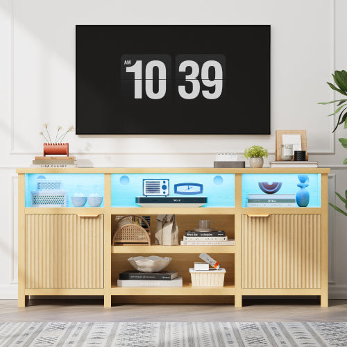 Oak Highboy LED TV Stand with Adjustable Storage Cabinets for 80 Inch TV Entertainment Center