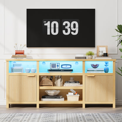 Oak Highboy LED TV Stand with Adjustable Storage Cabinets for 80 Inch TV Entertainment Center