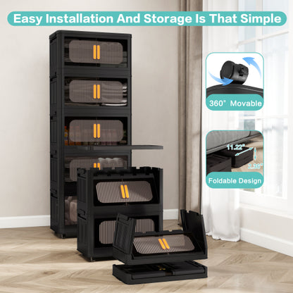 Black 3 Tier Folding Storage Cabinet with Wheels Collapsible Magnetic Door 20 Inch