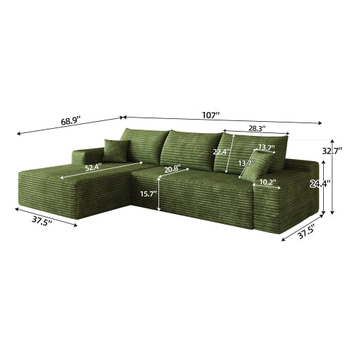 107 inch  Green Plush Corduroy L-Shape Cloud Modular Sectional Sofa, No Assembly