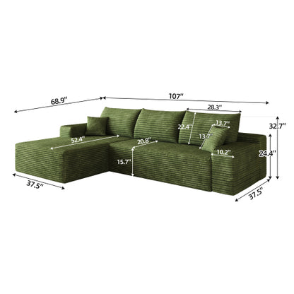 107 inch  Green Plush Corduroy L-Shape Cloud Modular Sectional Sofa, No Assembly