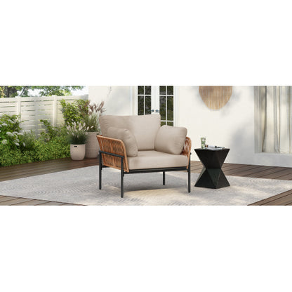36" Beige and Light Wood-Tone Rope Iron Lounge Chair with Cushions, Perfect for Natural and Modern Spaces