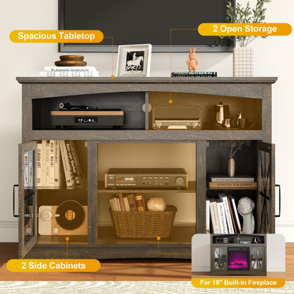 47 Inch Brown Farmhouse Retro TV Stand with Tempered Glass Doors, LED Lights & Adjustable Shelves