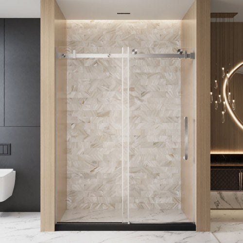 Frameless Single sliding shower door 56-60 "W x 76" H, 1/4 "(6 mm) Clear Tempered Glass, Explosion Proof Film, Stainless Steel Handle Square Tube Track Brushed Nickel