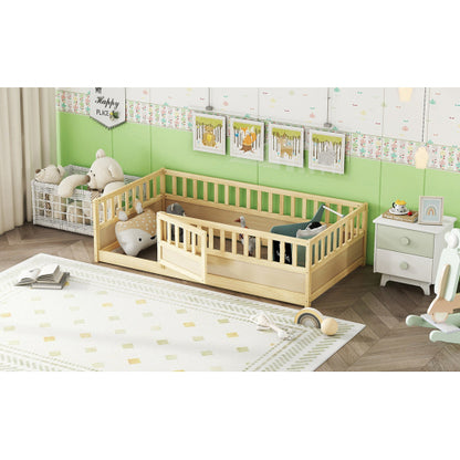 Twin Size Floor bed, integral construction with super high security barrier, door, children's floor bed frame, Montessori wooden children's floor bed,Natural Wood