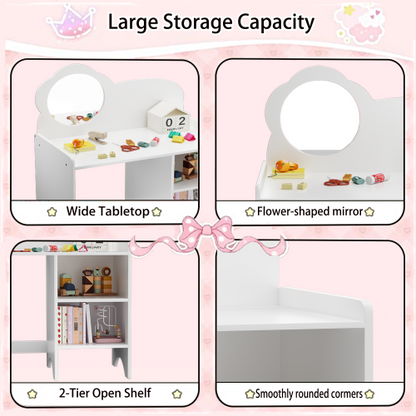 Kids Vanity Table with Mirror and Chair, Wooden Children's Dressing Makeup Desk with Storage Shelves, Playroom Bedroom, White