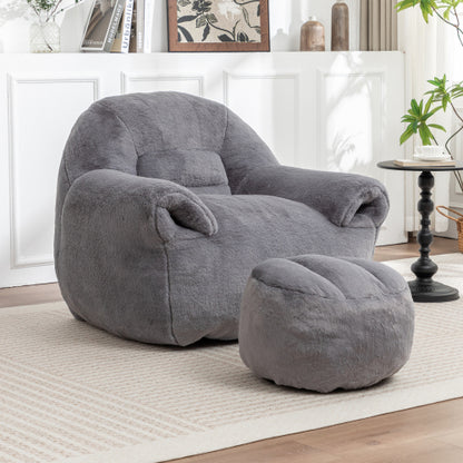 Grey Faux-Fur Bean-Bag Sofa Chair with Backrest & Footstool