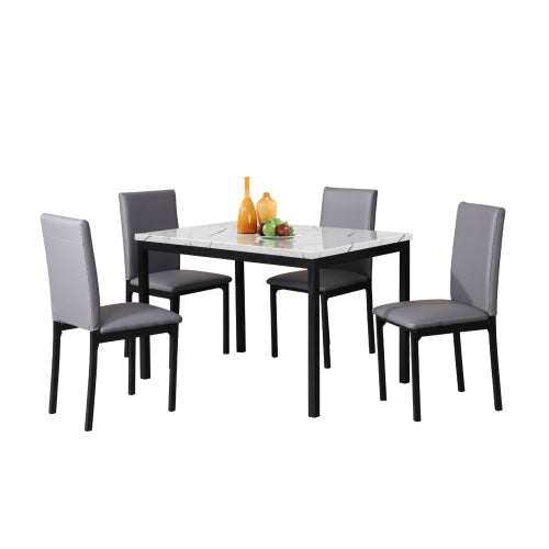 5-Piece Black Metal Dining Set, Off-White Faux Marble Top Table with 4 Gray Faux Leather Chairs