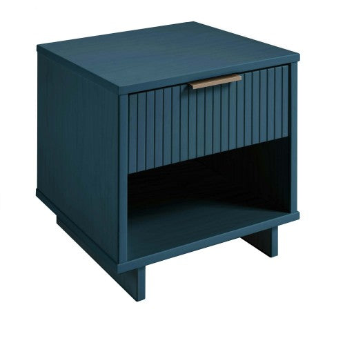 Midnight Blue Ribbed Solid Wood Nightstand
