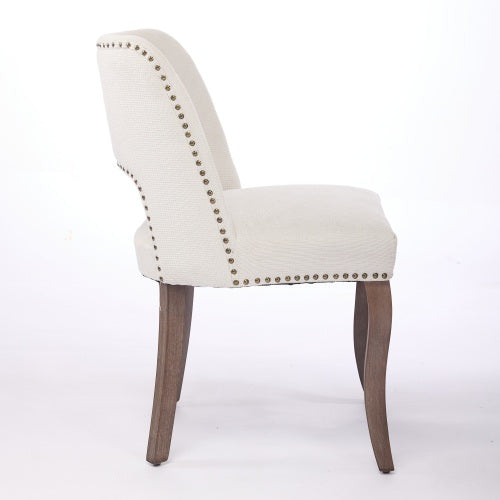 Set of 2 Beige Hollow Curved Enveloping Back Fabric Dining Chairs, Handmade Copper Nail Curved Solid Wood Legs