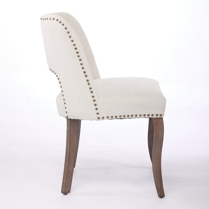 Set of 2 Beige Hollow Curved Enveloping Back Fabric Dining Chairs, Handmade Copper Nail Curved Solid Wood Legs