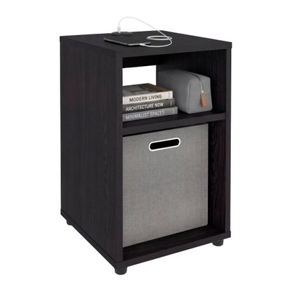 Compact Side Table with Charging Station & 2 Open Shelves