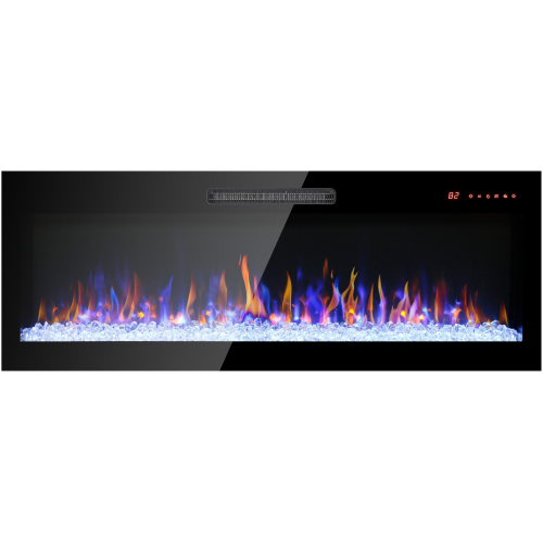 50 inch recessed ultra thin tempered glass front wall mounted electric fireplace with remote and multi color flame & emberbed, LED light heater