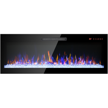 50 inch recessed ultra thin tempered glass front wall mounted electric fireplace with remote and multi color flame & emberbed, LED light heater