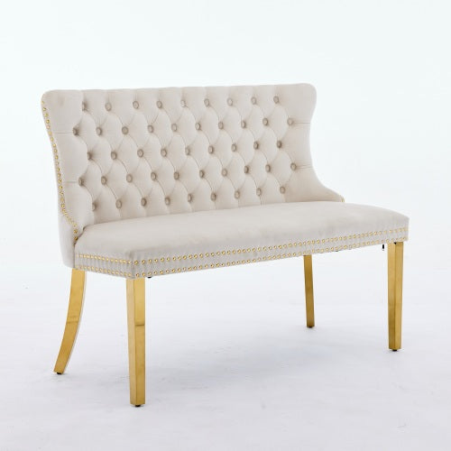 Velvet Double Dining Loveseat Bench, Kitchen & Dining Seating, 2-Seat Tufted Bench w/Handmade Buttons, Wing Back, Gold-Plated Steel Legs, Mid Century Modern,Single Pack,Beige