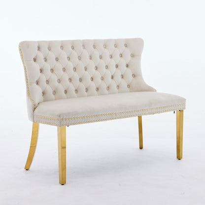 Velvet Double Dining Loveseat Bench, Kitchen & Dining Seating, 2-Seat Tufted Bench w/Handmade Buttons, Wing Back, Gold-Plated Steel Legs, Mid Century Modern,Single Pack,Beige