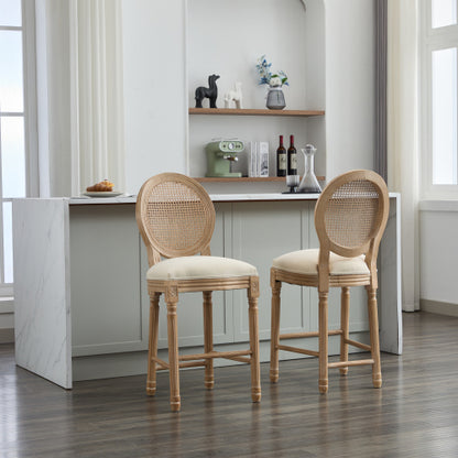 Solid Wood Bar stools Set of 2 Classic French Country Wooden Barstools with Upholstered Seating  Kitchen Bar Stool for Bar Counter Rattan - Beige