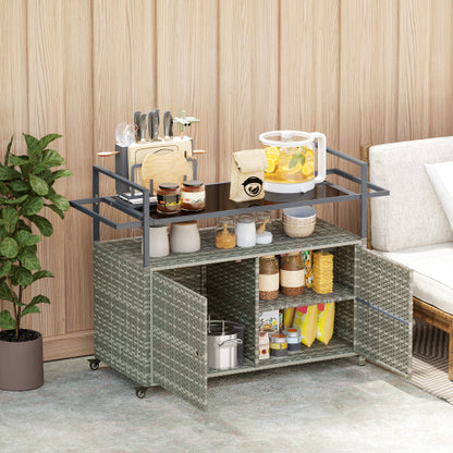 Wicker Outdoor Bar Table with 2-Tier Shelf & Cabinet, Mixed Gray