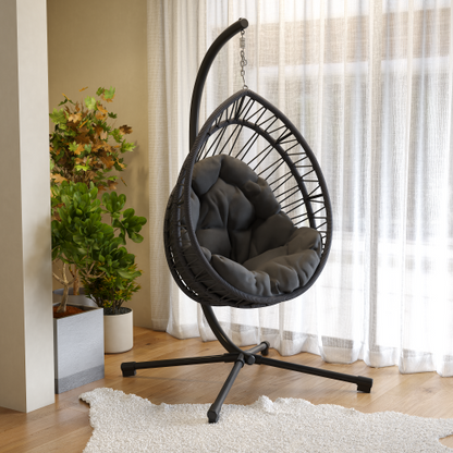 Outdoor Egg-shaped Hanging Chair with Stand, Patio Egg-shaped Swing Chair, Indoor Rocking Chair, Outdoor Hammock Egg-shaped Chair, Dark Gray