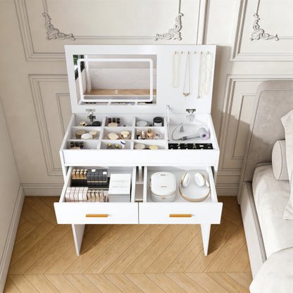 White Flip Top Vanity Desk with LED Lighted Mirror & Built-in Outlet, 2 Drawers, Open Storage, Jewelry Hooks