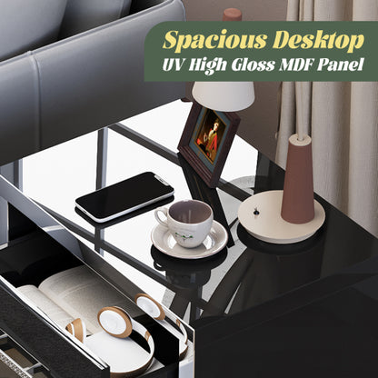 High Gloss Mirrored Nightstand with 2 Drawers,Modern End Table with Drawers,Mirrored High Gloss Wood Nightstand Metal Handle Bedside End Table for Bedroom, Dorm,Living Room,Black