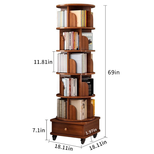 Rotating Bookshelf, 360 Display Corner Bookshelf for Small Space, 6 Tier Bookcase Storage Rack with Wheels, Wood Narrow Organizer for Bedroom, Living Room, Study Room, Walnut Brown