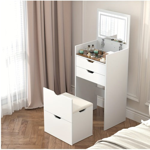 3-in-1 Multifunctional Vanity Desk Set, Flip-Up Mirror, 3-Color Lights, 2 Drawers, Hidden Storage Stool, Pink