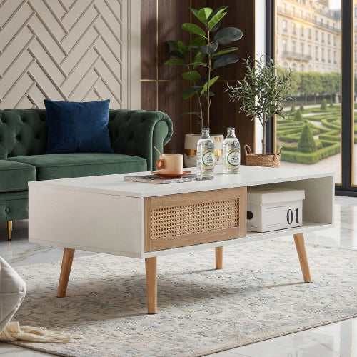 Rattan Coffee Table Sliding Door Storage Wood Leg White Modern Living Room Table