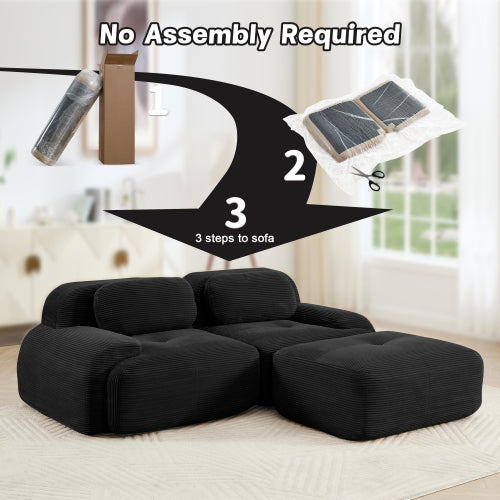 82-Inch Black Corduroy L-Shaped Modular Sectional Sofa Curved Armrest No-Assembly