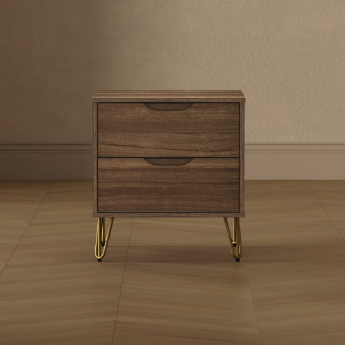 Brown Modern Nightstand, 2 Drawers & Metal Legs