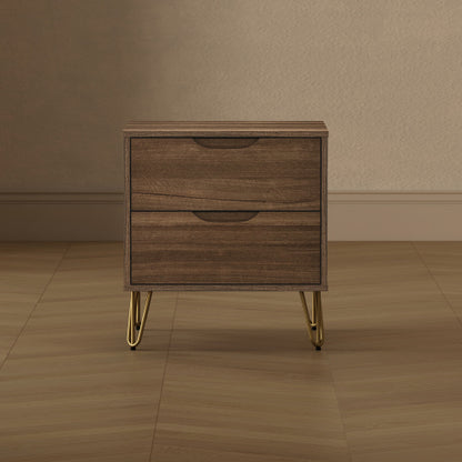 Brown Modern Nightstand, 2 Drawers & Metal Legs