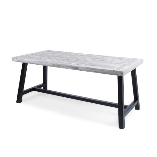 Outdoor Light Grey Sandblast Finish Acacia Wood Dining Table with Black Rustic Metal Finish Frame