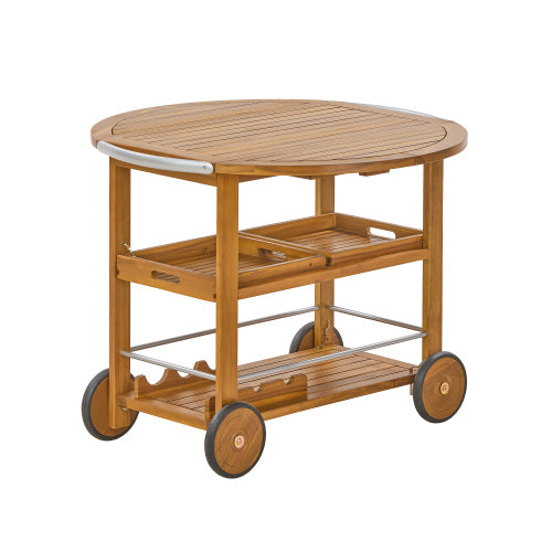 Outdoor Acacia Wood Bar Cart with Foldable Tabletop & Removable Trays, 35.5 inch Rolling Serving Cart for Patio, Deck & Backyard