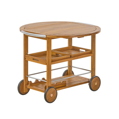 Outdoor Acacia Wood Bar Cart with Foldable Tabletop & Removable Trays, 35.5 inch Rolling Serving Cart for Patio, Deck & Backyard