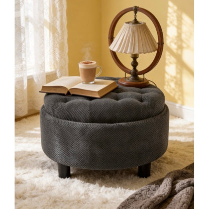 25 Inch Round Storage Ottoman, Dark Grey Tufted Fabric